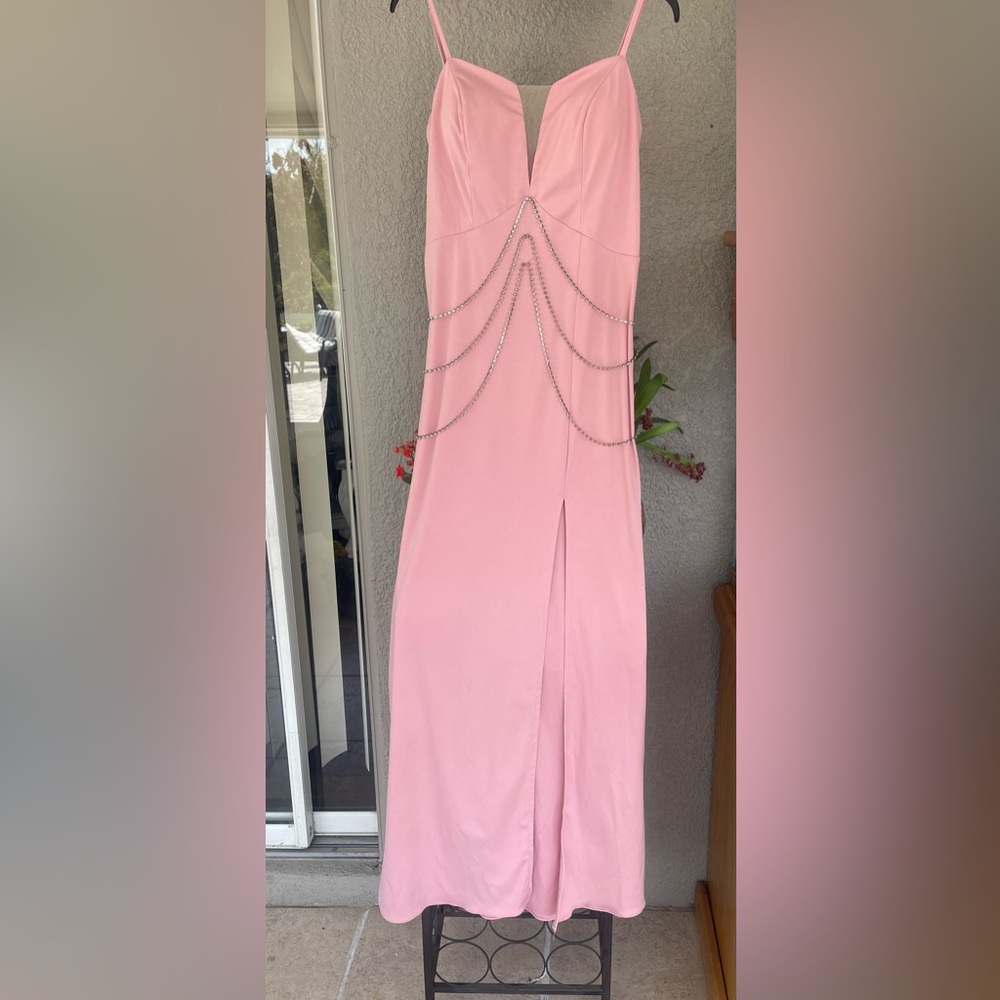 Strapless Rose Satin Chain-Detail Slip Gown